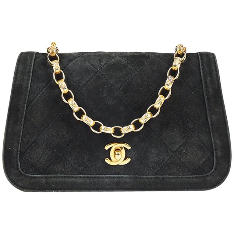 Vintage Chanel Black Quilted Suede Gold Tone Chain Link Shoulder Bag For Sale