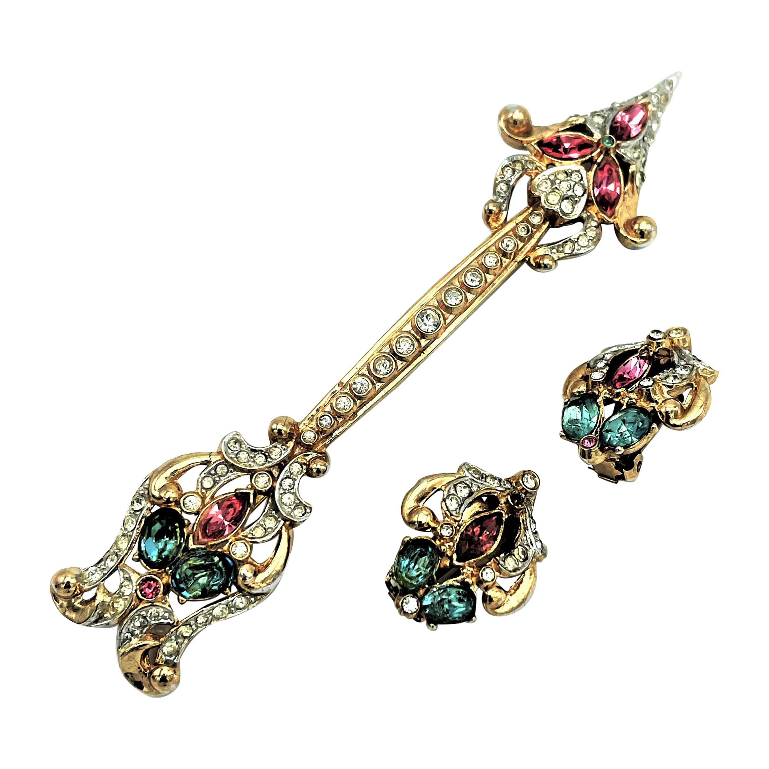 Vintage Coro Arrow broche avec clip d'oreille assorti, plaqué or USA 1950s