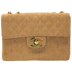 Chanel Vintage Classic Maxi Single Flap Brown Braided Raffia Canvas Diamond Stit