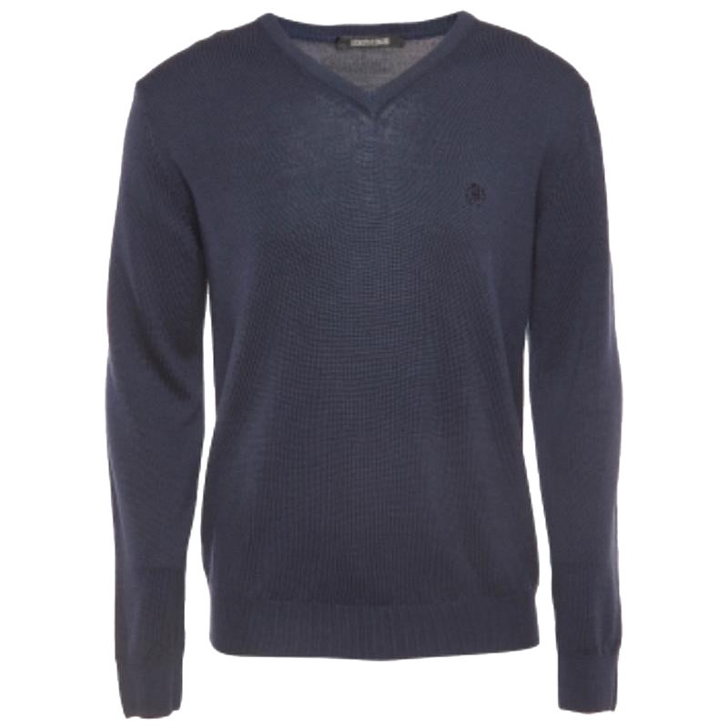 Roberto Cavalli Sudadera de punto de lana azul marino con cuello en V XL en venta