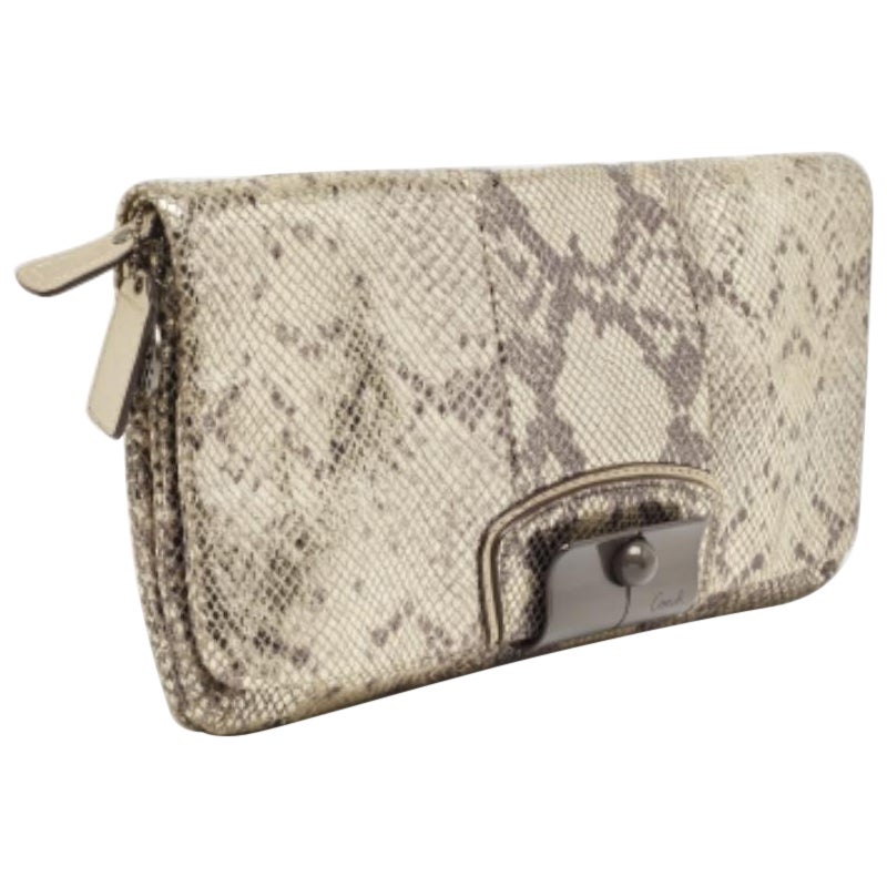 Coach Metallic Silver/Black Python Embossed Leather Flap Clutch For Sale