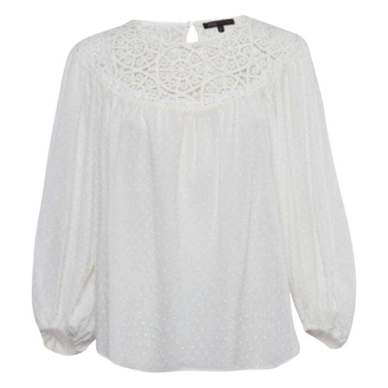 Maje Blusa blanca de algodón texturizado con canesú de ganchillo M en venta