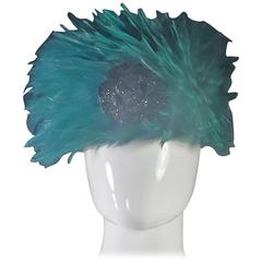 Retro Rare Emerald Green Feather with Black Glitter Rose Hat by Chanel