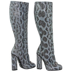 New GUCCI Campaigner $3500 Snake Horsebit Knee High Boot Aquamarine 36.5 - 7