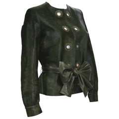 New Yves Saint Laurent Calf Hair Green Leather Jacket with Belt 