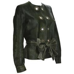 New Yves Saint Laurent Calf Hair Green Leather Jacket with Belt