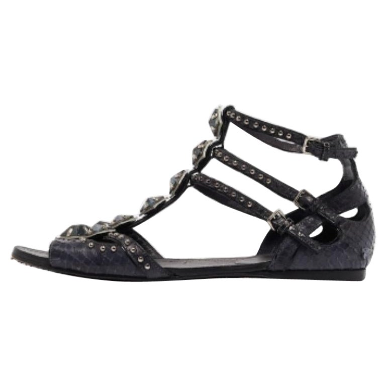 Miu Miu Navy Blue Python Leather Ankle Strap Flat Sandals Size 38.5