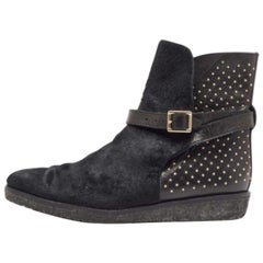 Burberry Black Leather and Calfhair Studded Ankle Boots Size 38