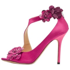 Jimmy Choo Pink Satin and Python Flower Applique Sandals Size 39.5
