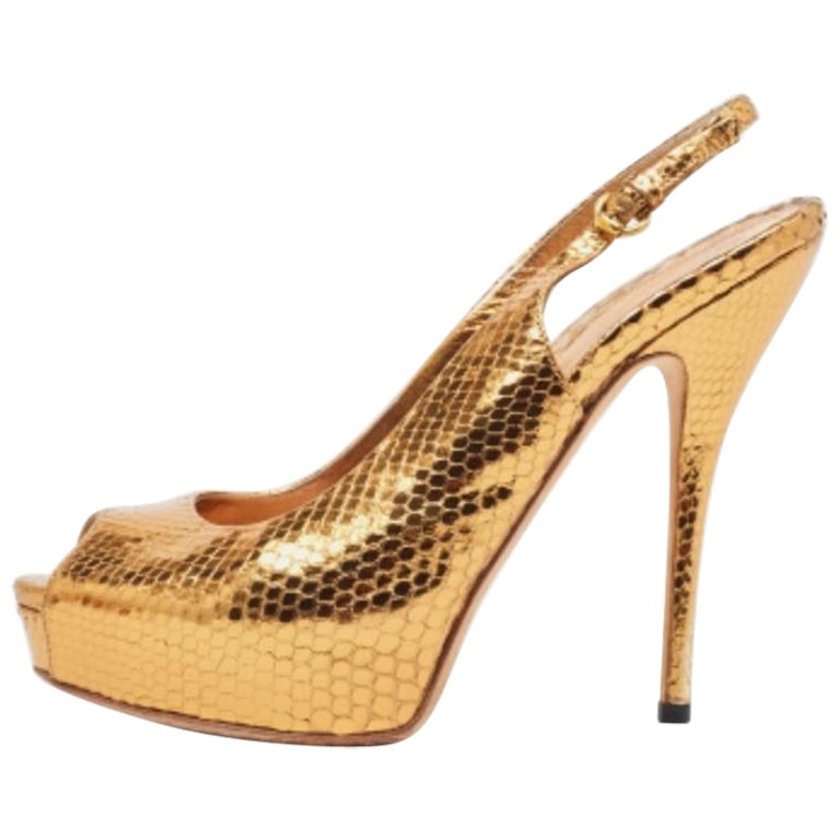 Gucci piel de serpiente metalizada Sofia Peep Toe Singback Pumps Size 37.5