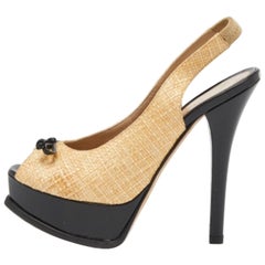 Fendi Yellow Woven Raffia & Patent Leather Fendista Bow Slingback Pumps Size 37