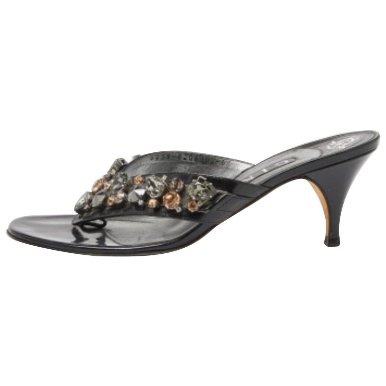 Gina Cuir verni noir Cristal Embelli Thong Slide Sandals 39.5