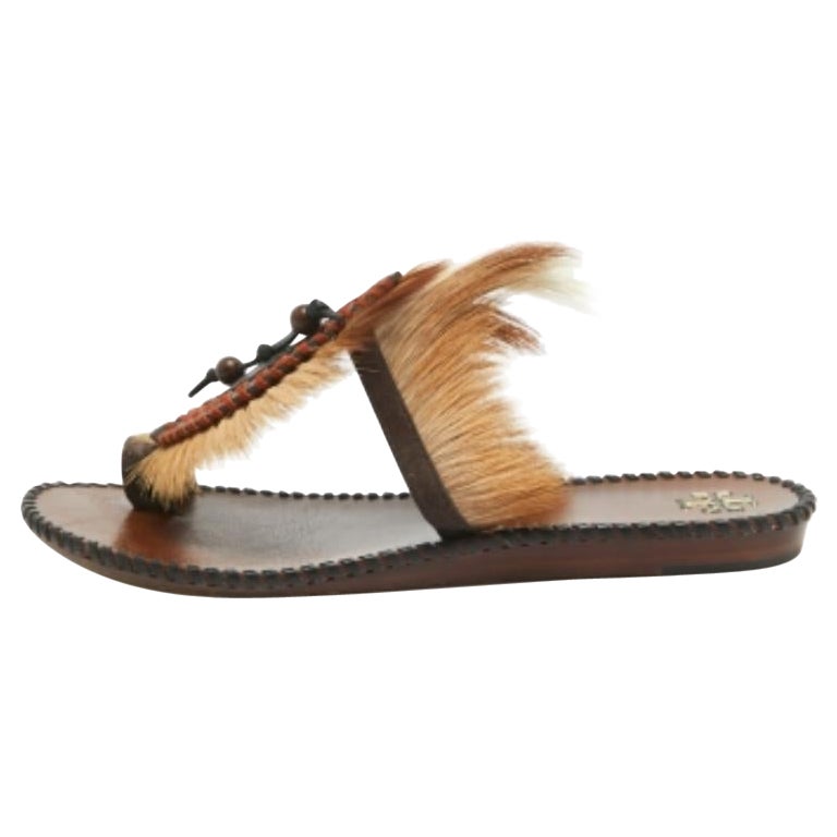 Tory Burch Brown/White Leather and Fur Phoenix Slides Size 39.5