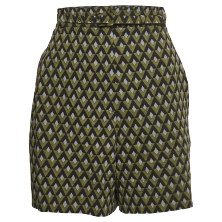 Pantaloncini con cintura in lana vergine con stampa geometrica verde di Prada M. I.