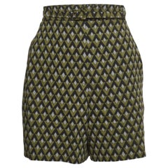 Prada Green Geometric Print Virgin Wool Belted Shorts M