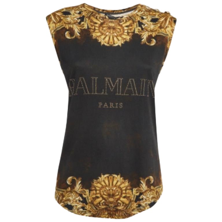 Balmain Maglietta senza maniche in jersey stampato nero/giallo M. T. I.