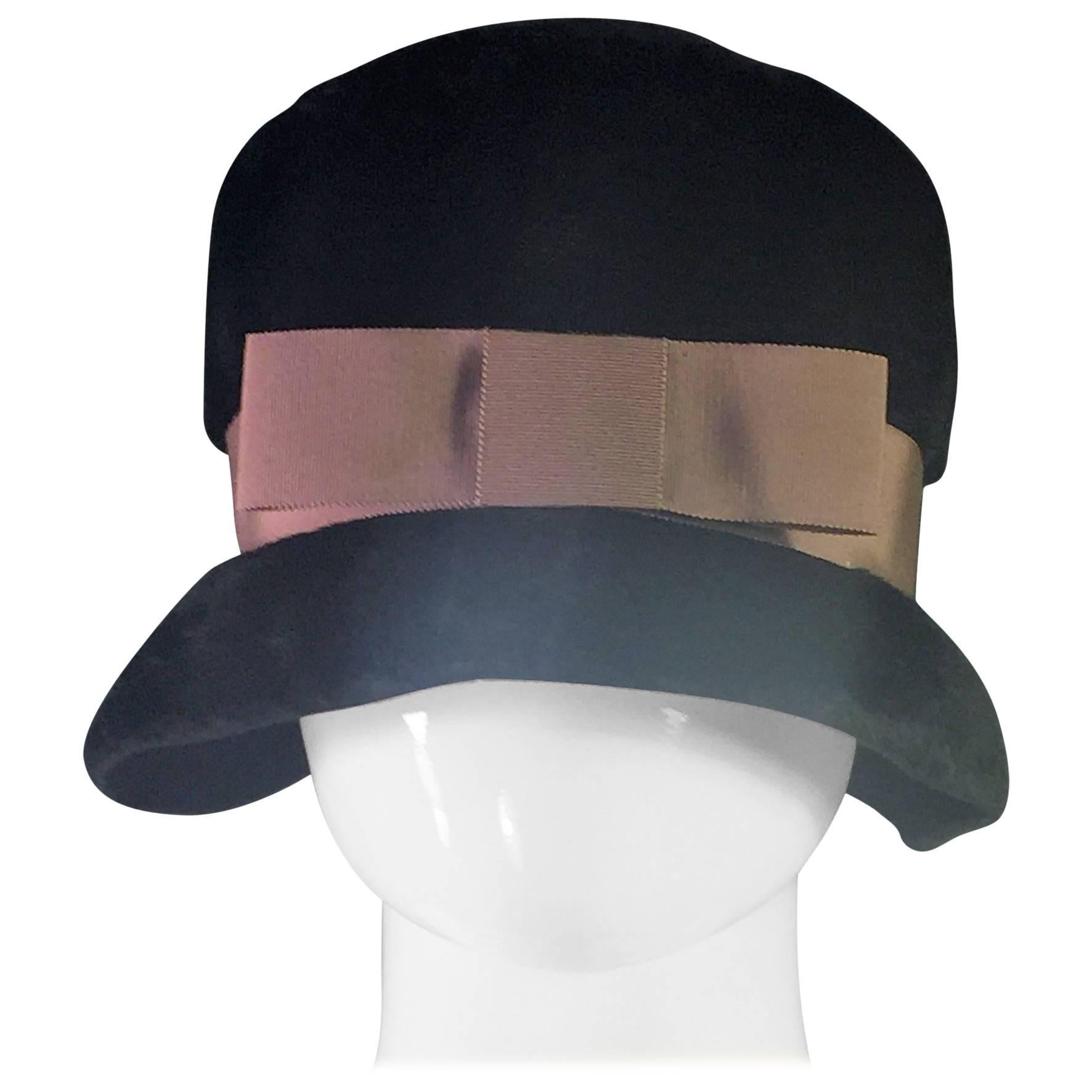 Chic Black Velour Hat with brown Grosgrain Ribbon Decoration For Sale