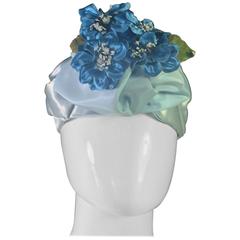 Beautiful 1950's Robin Egg Blue Satin Hat with Deep Blue Satin Flowers 2