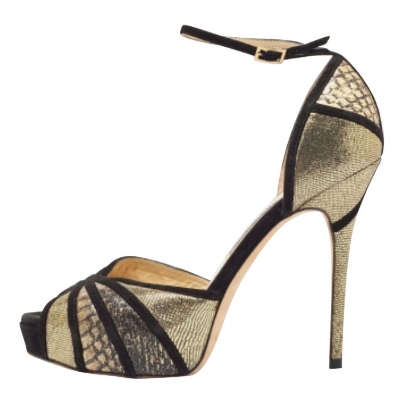 Jimmy Choo Black Suede & Gold Python Leather Kalpa Ankle Strap Sandals Size 39.5 For Sale