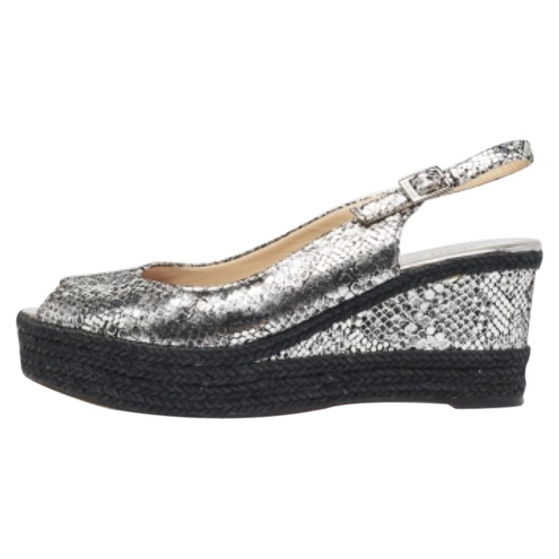 Jimmy Choo Silver Snake Embossed Leather Wedge Sandals Size 40 For Sale
