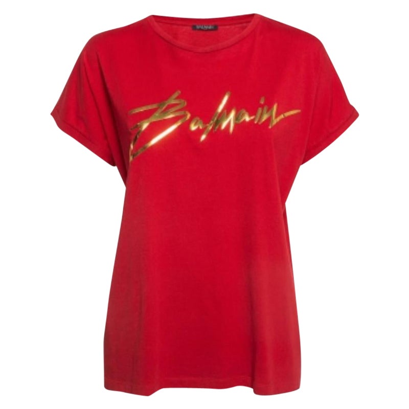Balmain Red Foil Logo Printed Cotton T-Shirt M. T. I. in vendita