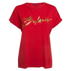 Balmain Red Foil Logo Printed Cotton T-Shirt M. T. I.