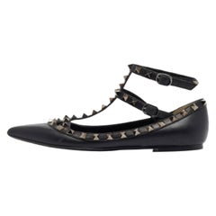 Valentino Black Leather Rockstud Ankle Strap Flats Size 37