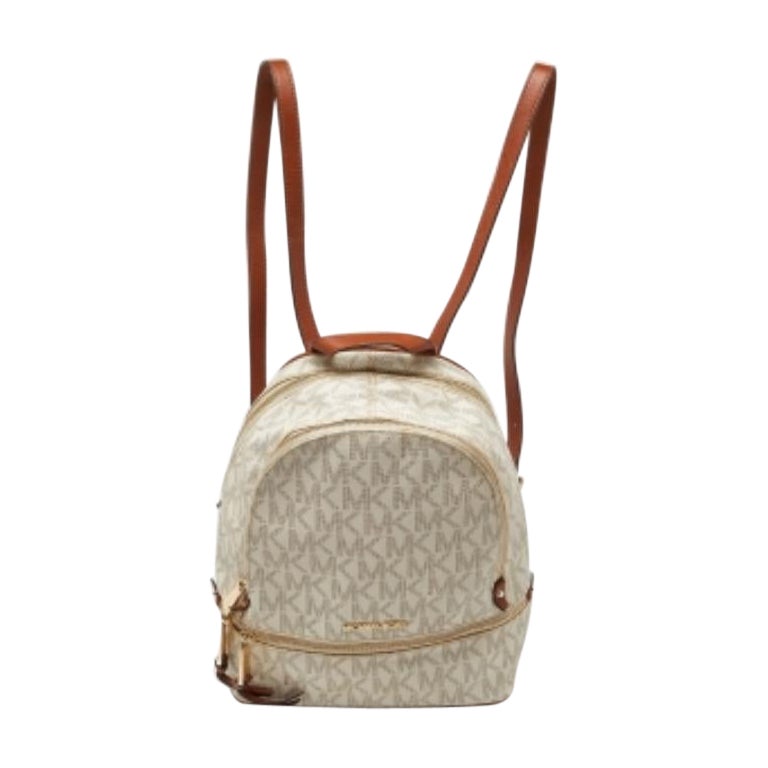 Michael Kors Zaino medio Rhea in tela rivestita e pelle, colore bianco/marrone in vendita