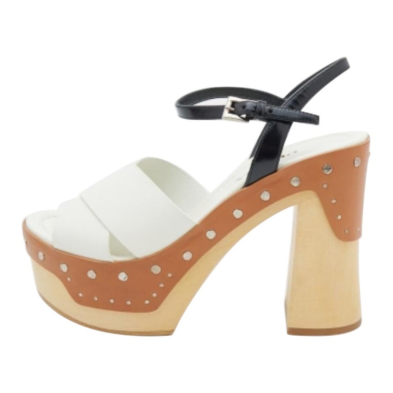 Prada White Leather Studded Platform Block Heel Ankle Strap Sandals Size 37 For Sale