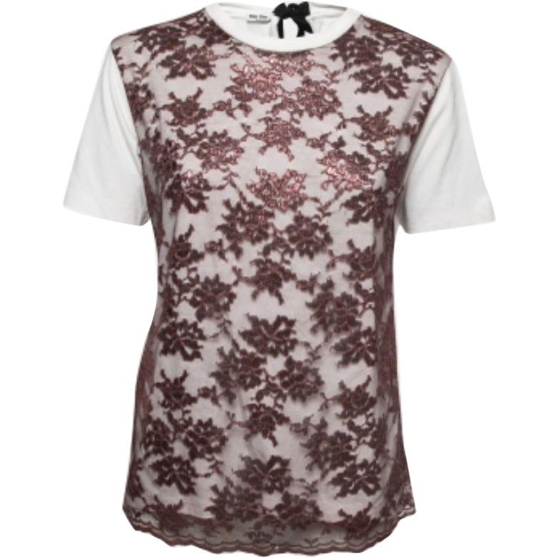 Miu Miu Weißes T-Shirt aus Baumwollstrick mit Spitzeneinsatz L im Angebot