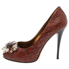 Giuseppe Zanotti, pelle di coccodrillo marrone con cristalli, Peep Toe Pumps Taglia 37
