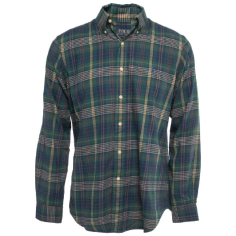 Polo Ralph Lauren Verde/Blu Plaid in cotone con bottoni e manica intera M.