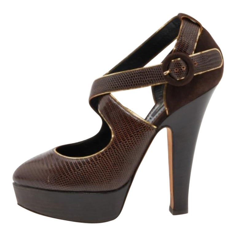 Dolce & Gabbana Embossed Lizard & Suede Cross Ankle Strap Platform Pumps Size 39 For Sale