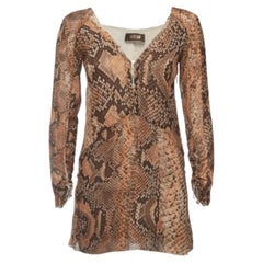 Roberto Cavalli Brown Snake Print Silk Long Sleeve Flared Mini Dress M