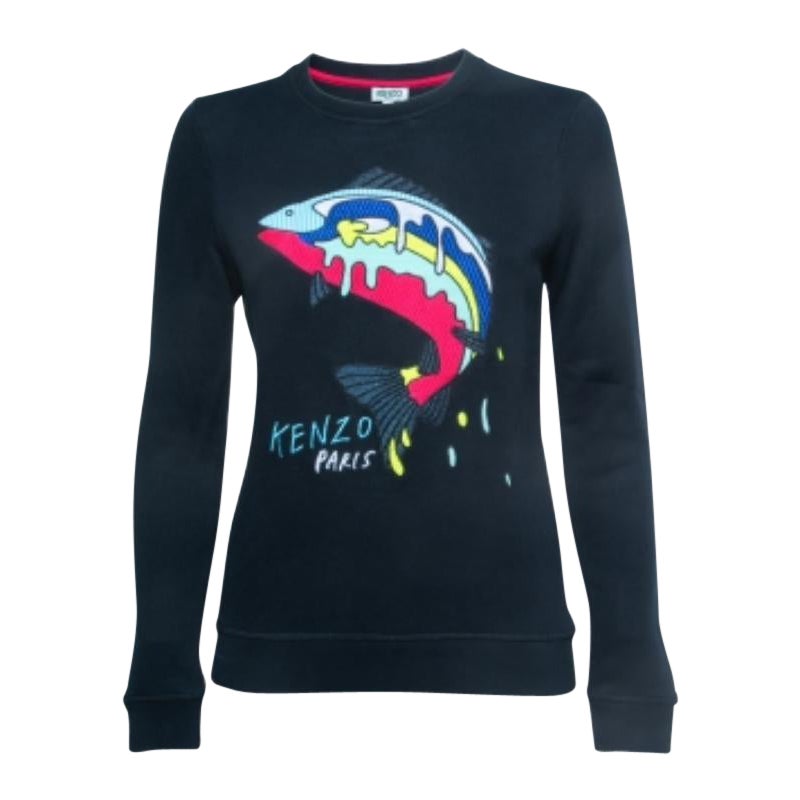 Kenzo Azul Marino Logotipo Tiburón Bordado Sudadera Cuello Crew Algodón S