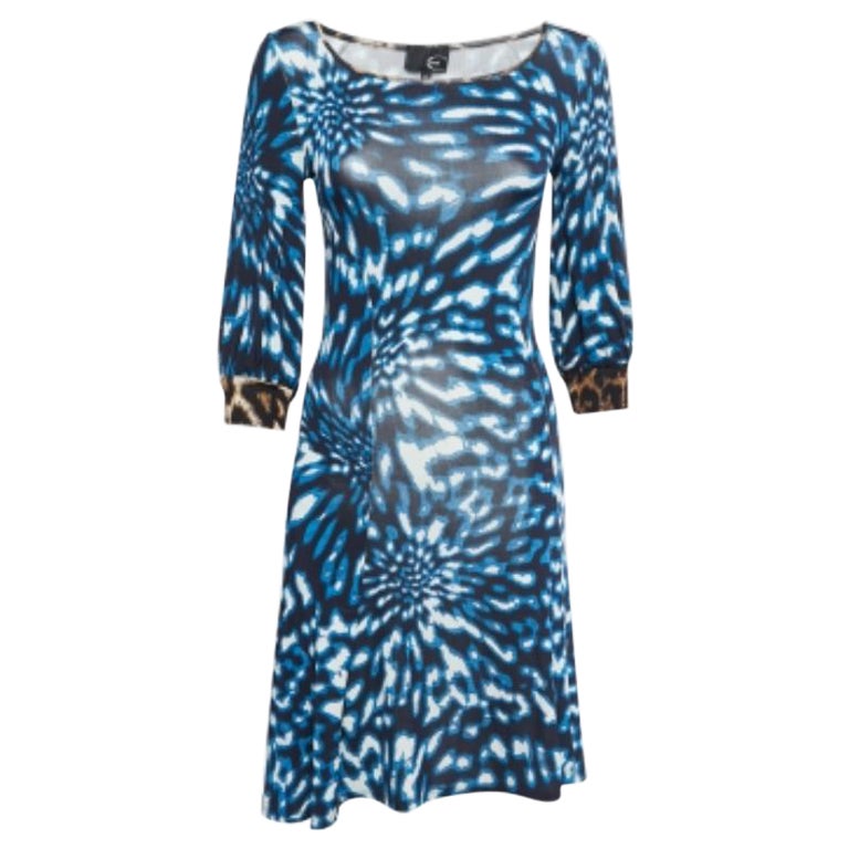 Just Cavalli Blue Printed Jersey Long Sleeve Midi Dress S