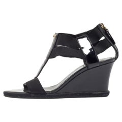 Fendi Black Patent Leather and Elastic T-Strap Wedge Sandals Size 38.5