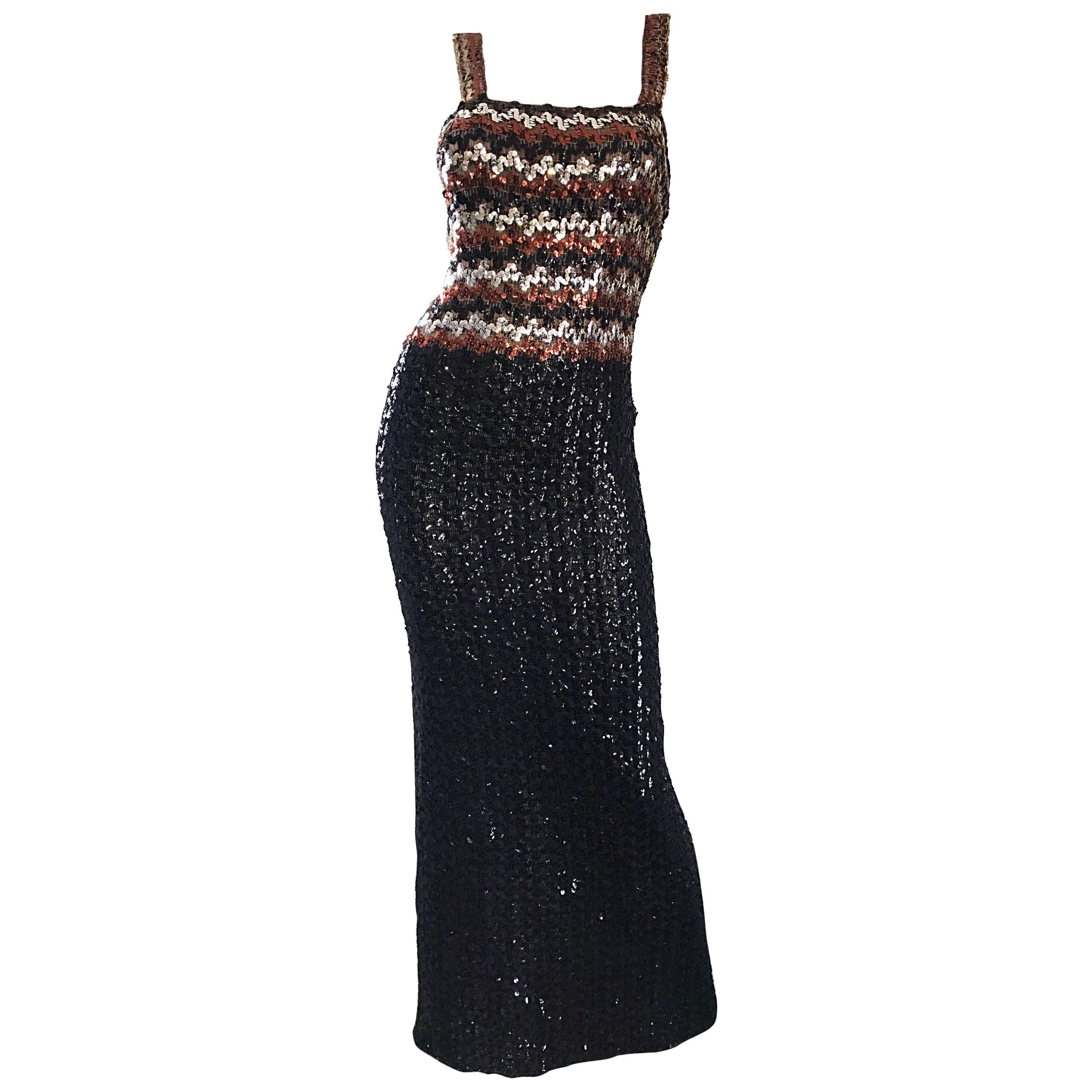 1970s Sequined Black + Brown + Silver Vintage 70s Knit Sexy Evening Gown Dress For Sale
