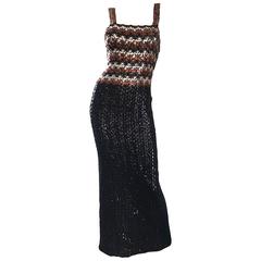 1970s Sequined Black + Brown + Silver Vintage 70s Knit Sexy Evening Gown Dress 2