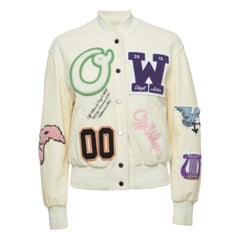 Off-White Cream Wool Embroidered Patch Detail Bomber Jacket S