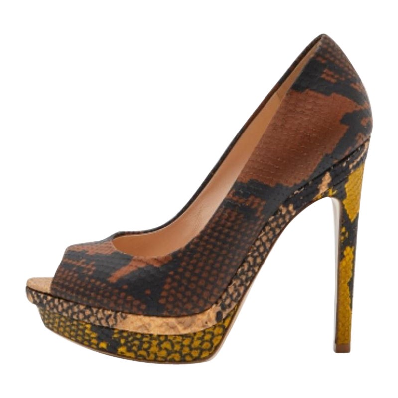 Fendi Multicolor Python Embossed Leather Peep Toe Platform Pumps Size 35