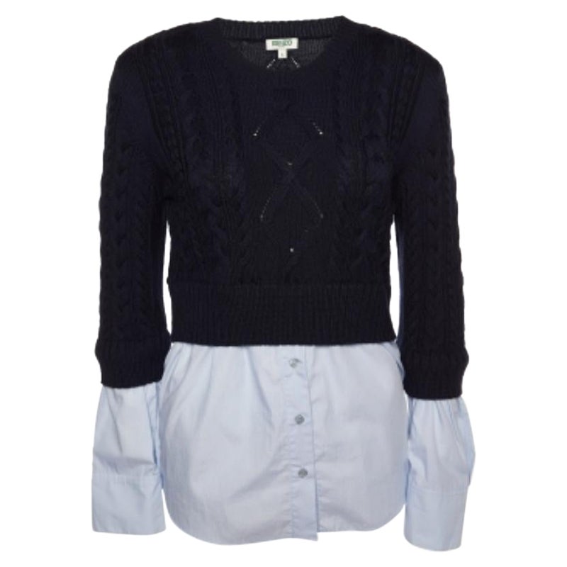 Kenzo - Maglione in lana e inserti di camicia blu navy L.