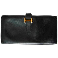 Hermes Black Buffle Gala Leather Wallet Trifold 2004 + Box 