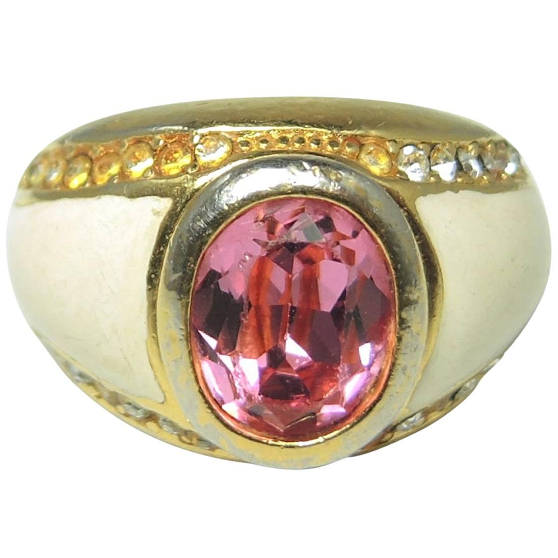 Vintage Christian Dior Pink Oval Crystal and Enamel Ring 