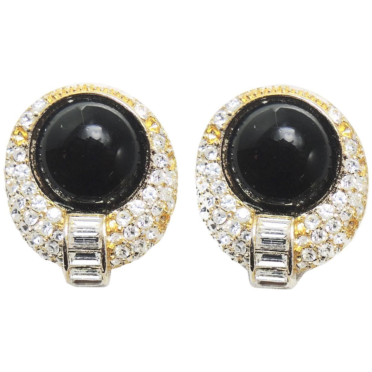 Vintage 1970s Christian Dior Black Glass and Crystal Clip Earrings