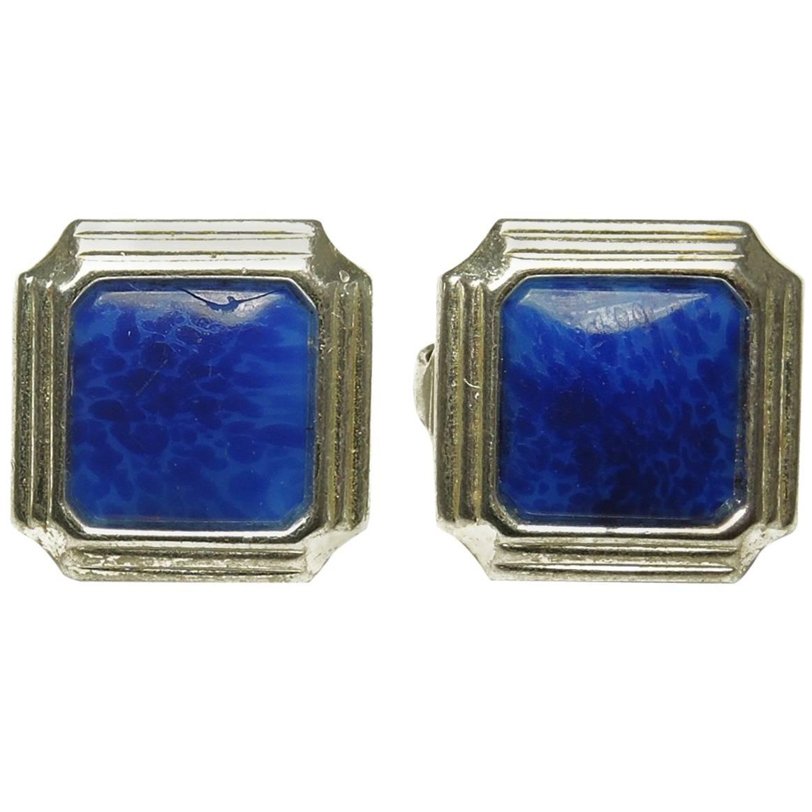 Christian Dior Vintage Silver Tone Faux Lapis Clip Earrings
