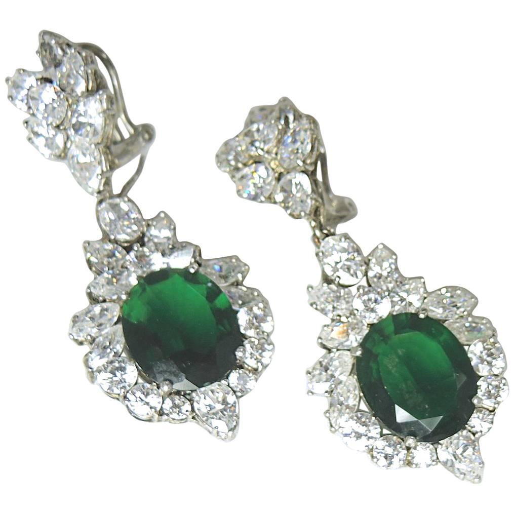 Vintage 1950s Sterling Silver Green Crystal Couture Drop Earrings