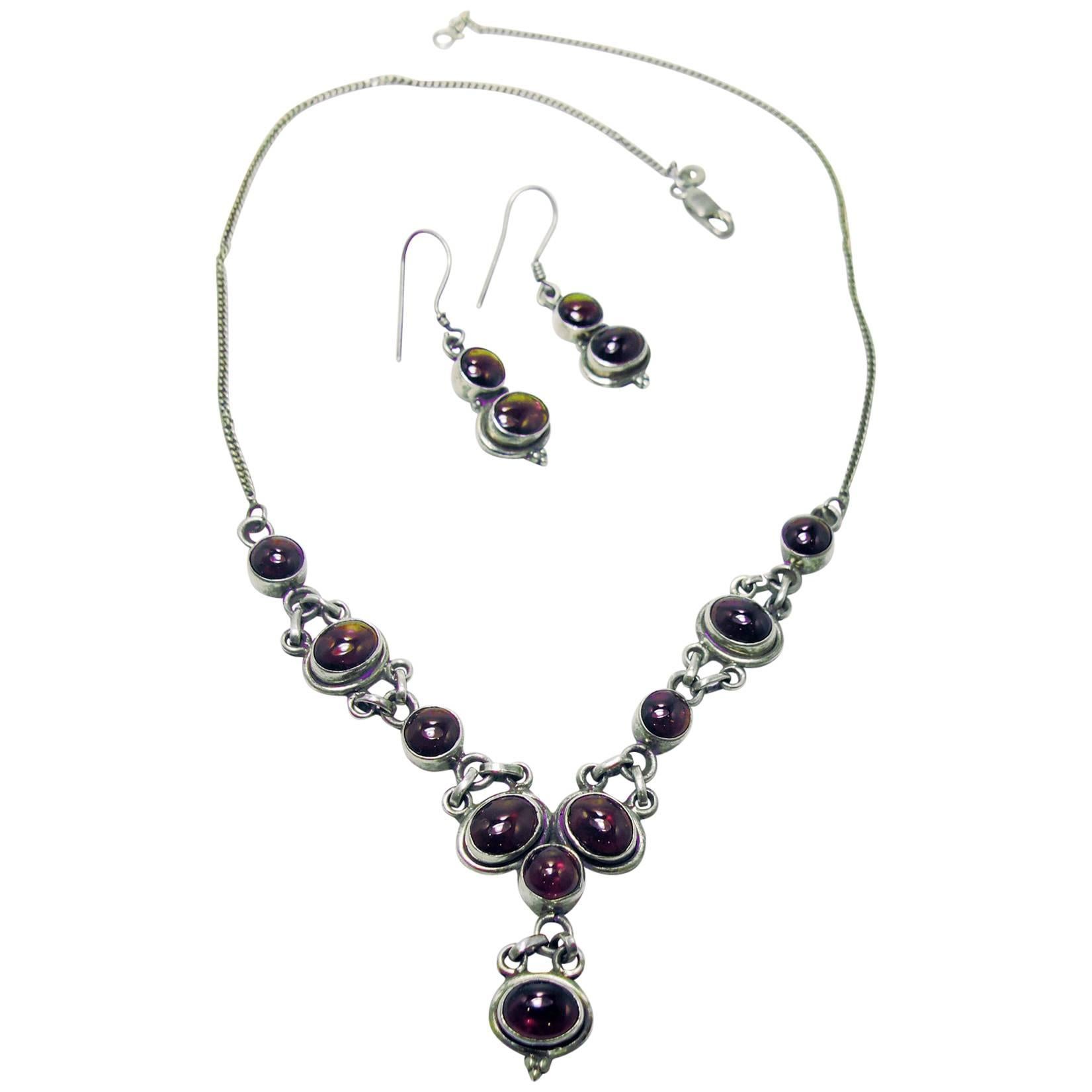 Vintage 1940s Sterling Silver Garnet Necklace and Earring Set For Sale ...