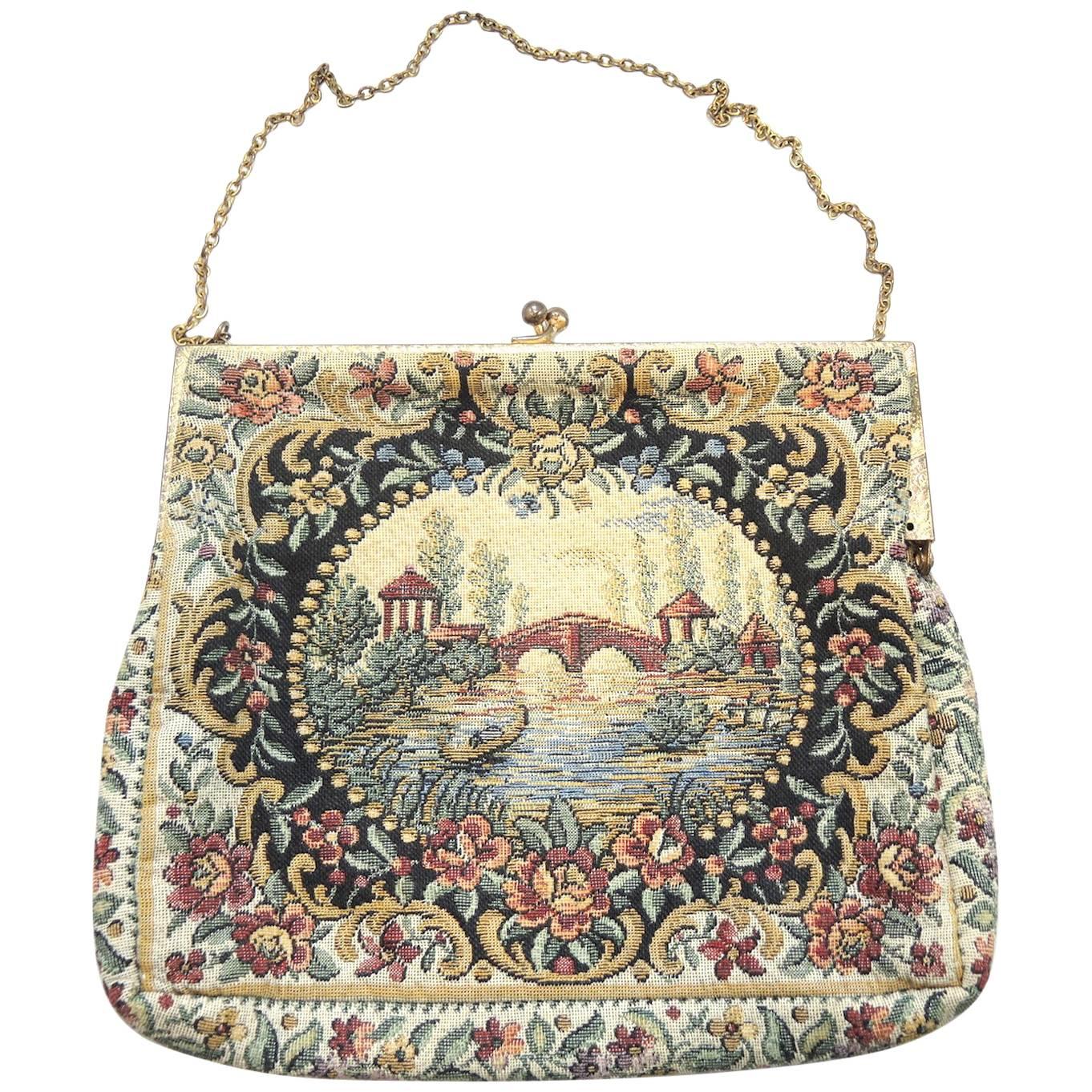 Water Under The Bridge Vintage Tapestry Purse, 1920s  For Sale