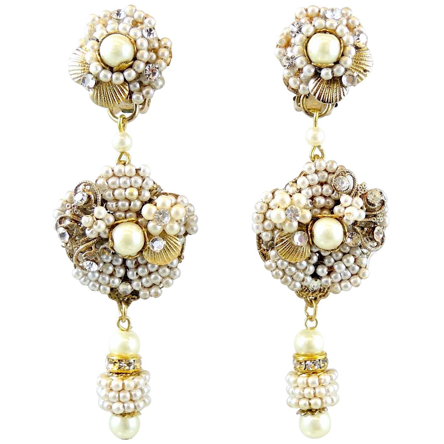 Vintage DeMario Faux Seeded Pearl Clip Drop Earring